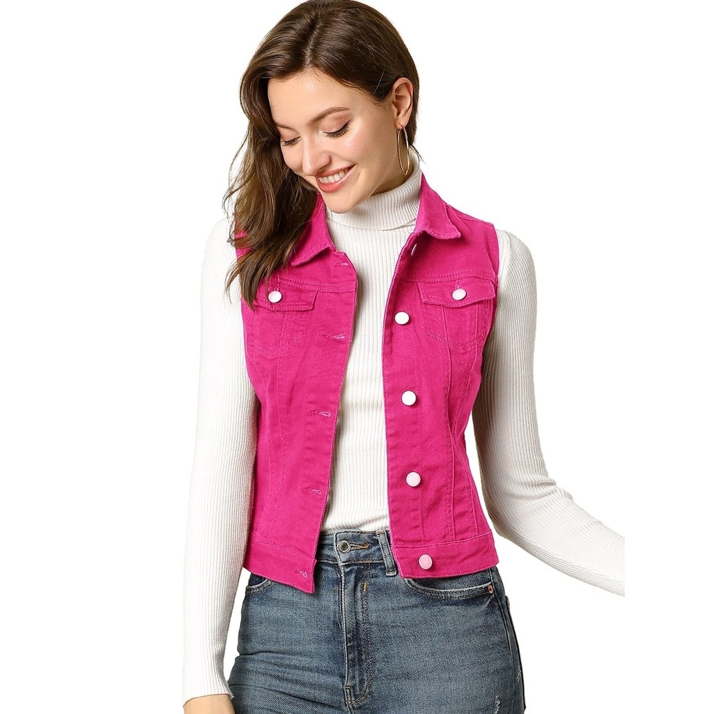 NWT Allegra K Fuchsia Denim Vest Button Front Flap Pocket Slim‎ XS